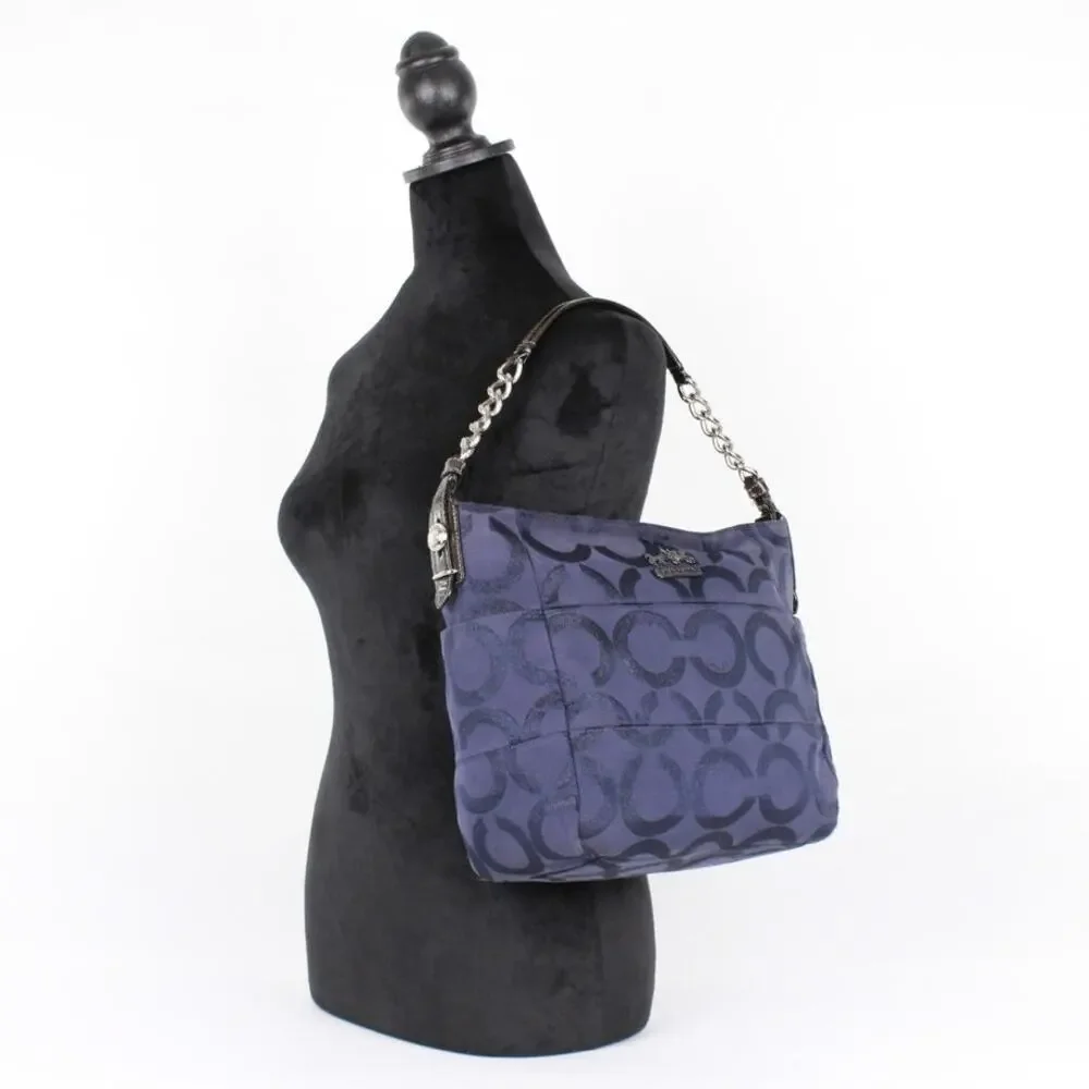 Coach Navy Blue Glitter Signature C Canvas Leather Shoulder Bag
